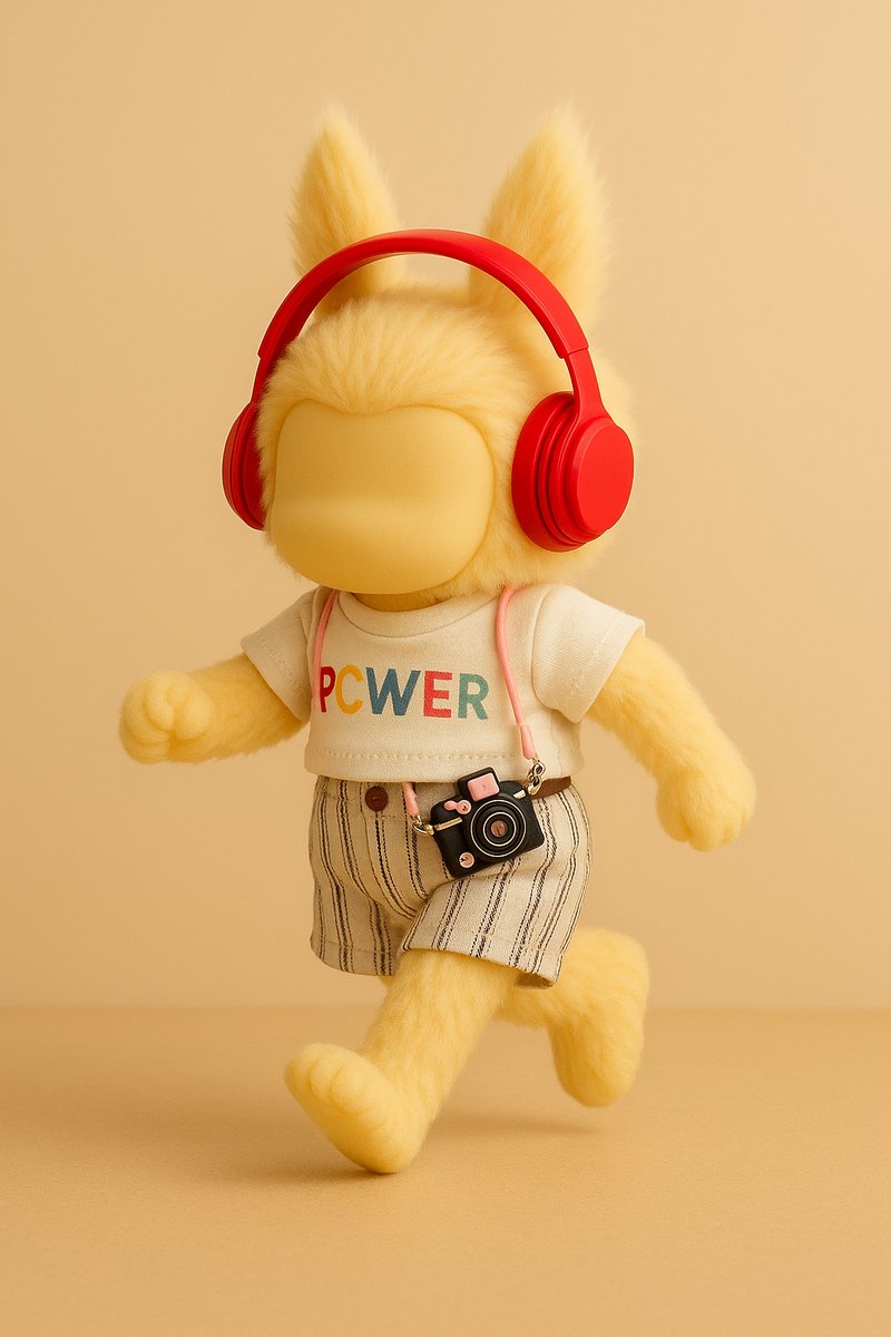 Kledingset geschikt voor Labubu – witte POWER shirt + gestreepte tuinbroek + rode hoofdtelefoon + camera tasje + stickers – past op 15-17 cm Labubu poppen | Labubu Kleding | Labubu Kleren